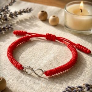 Punane tiibeti käepael hõbedast detailiga "Lõpmatu vabadus"