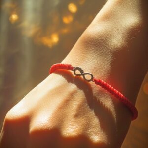 Punane tiibeti käepael hõbedast detailiga "Lõpmatu vabadus"